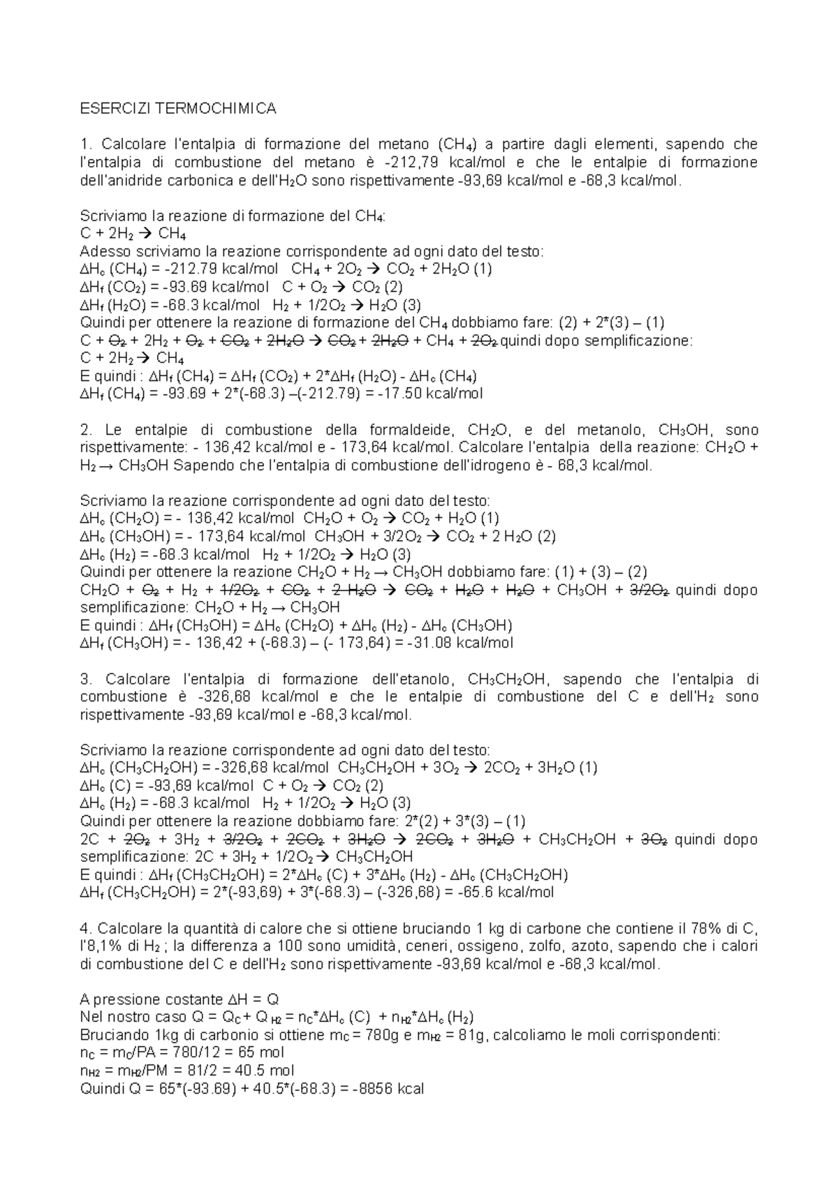 Esercitazione Con Soluzioni N 10 Termochimica Chimica A A 2017