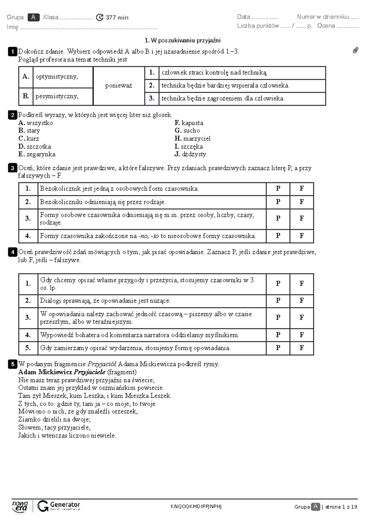 1. W poszukiwaniu przyjaźni Test (bez widocznej punktacji) - Grupa A