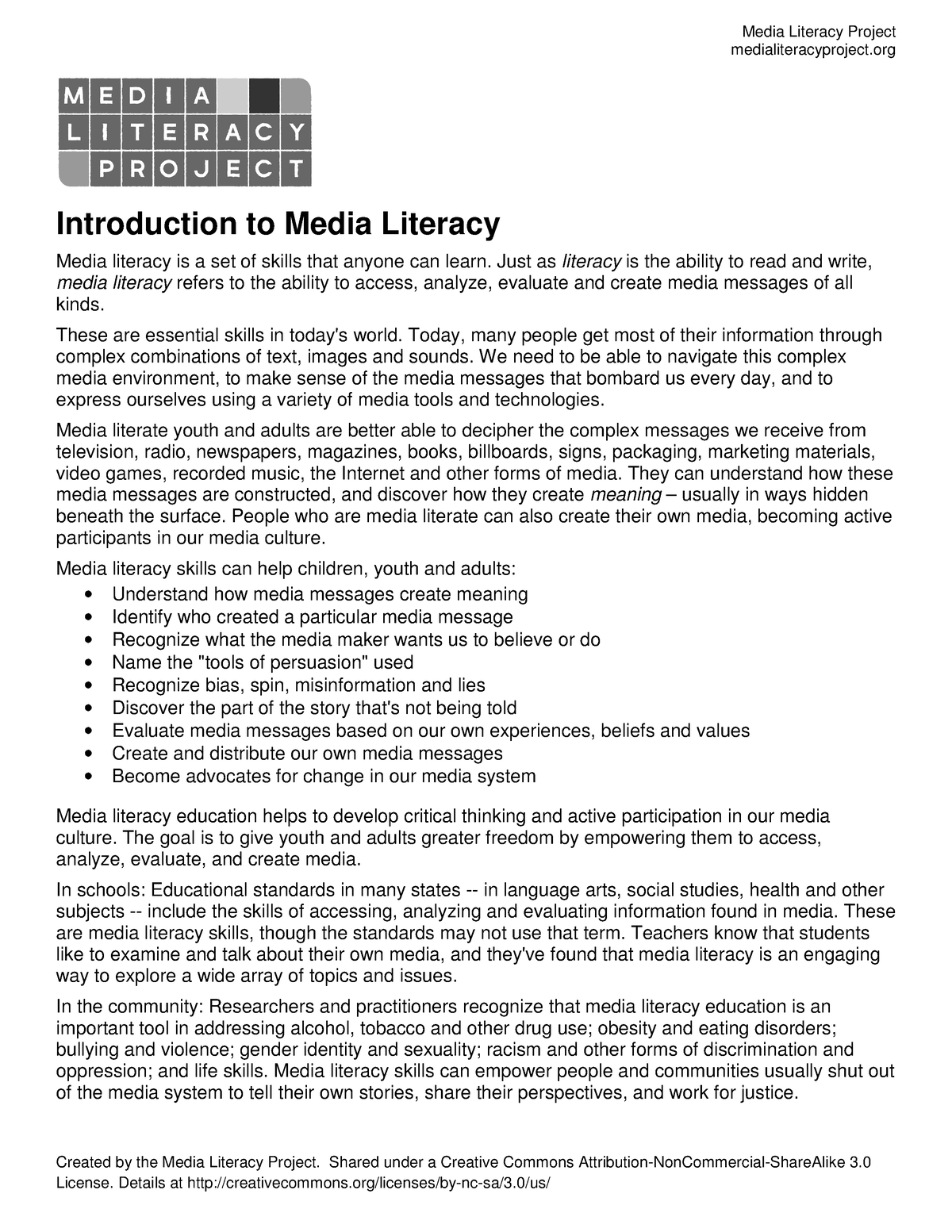 Intro to Media Literacy - Media Literacy Project medialiteracyproject ...