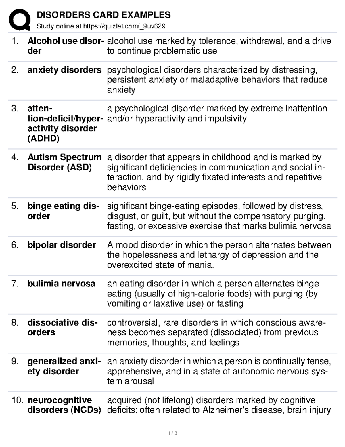 Psychology VOCAB DISORDERS CARD EXAMPLES Study online at quizlet/_9uv