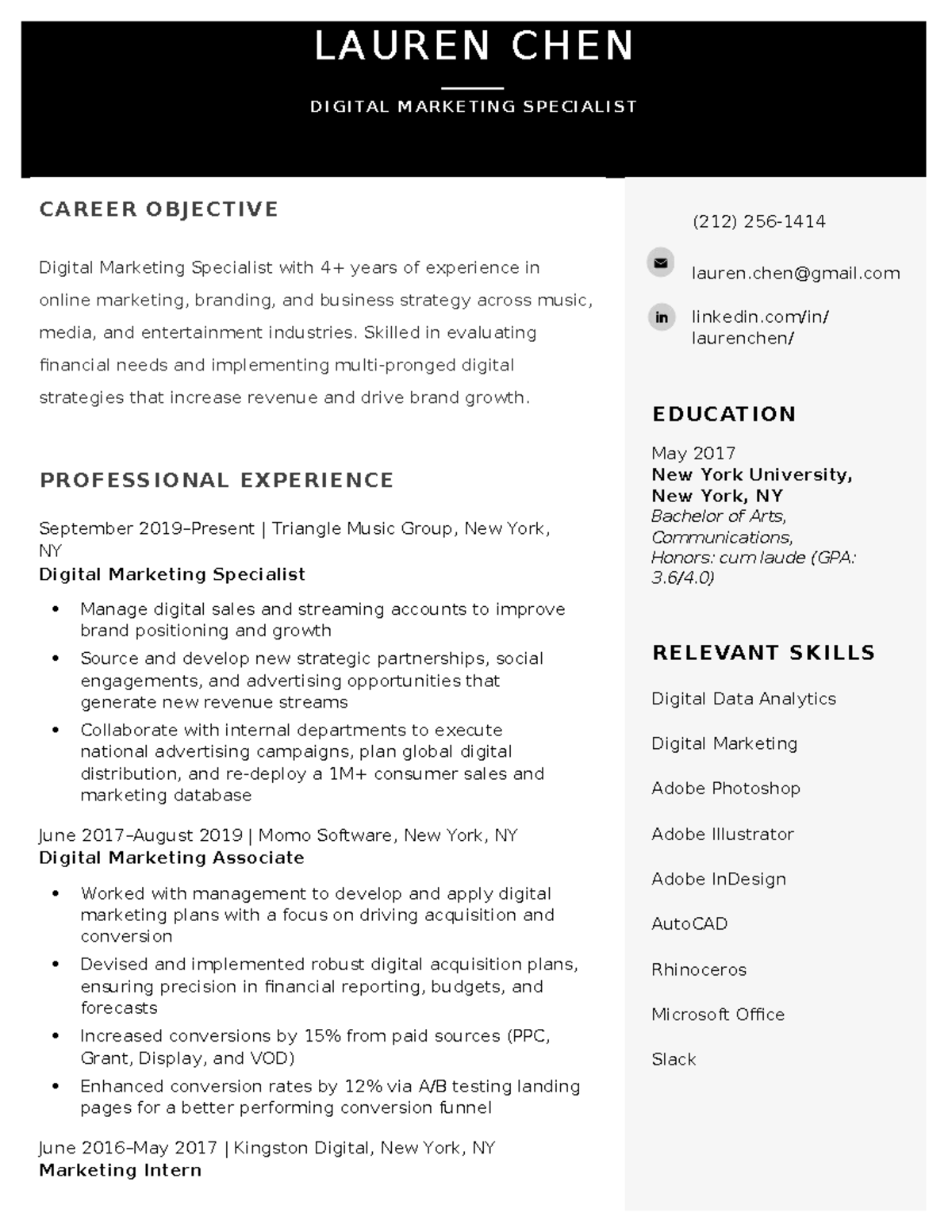 Corporate Modern Resume Template Black - LAUREN CHEN DIGITAL M ARKETIN ...