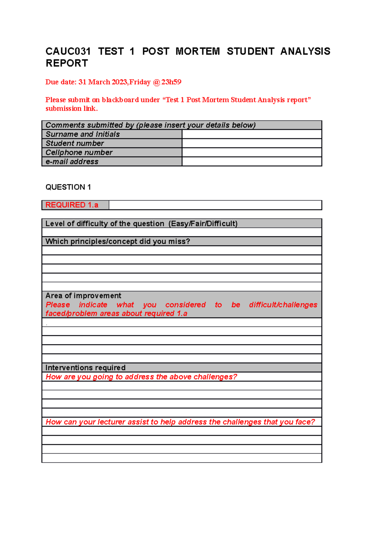 CAUC031 Test 1 Post Mortem Student Analysis report template - CAUC031 ...