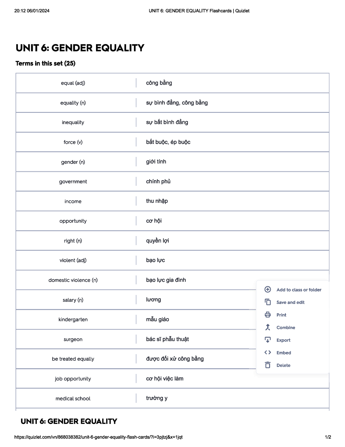 UNIT 6 Gender Equality Flashcards Quizlet - Đề Thi Giữa Kỳ Lớp 10 - Studocu