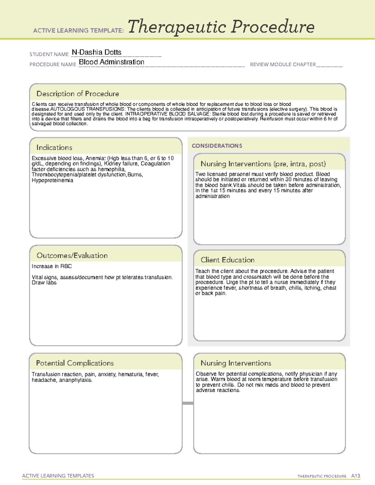 Blood Adminstration - ACTIVE LEARNING TEMPLATES THERAPEUTIC PROCEDURE A ...