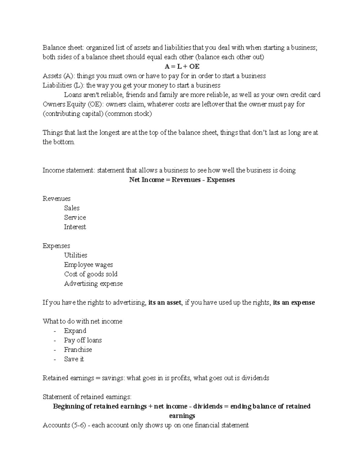 Chapter 1-2 Class Notes - Balance Sheet: Organized List Of Assets And ...