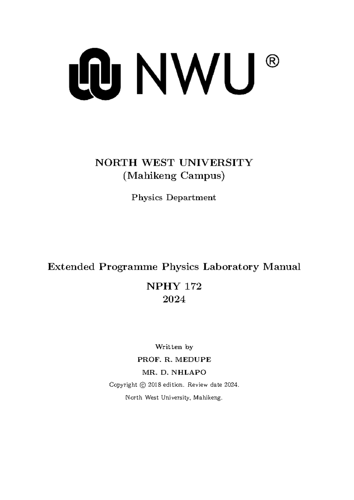 NPHY LAB-manual - NORTH WEST UNIVERSITY (Mahikeng Campus) Physics ...