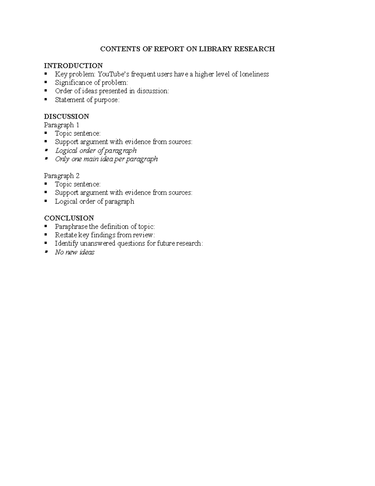 Content of Report on Library Research - CONTENTS OF REPORT ON LIBRARY ...
