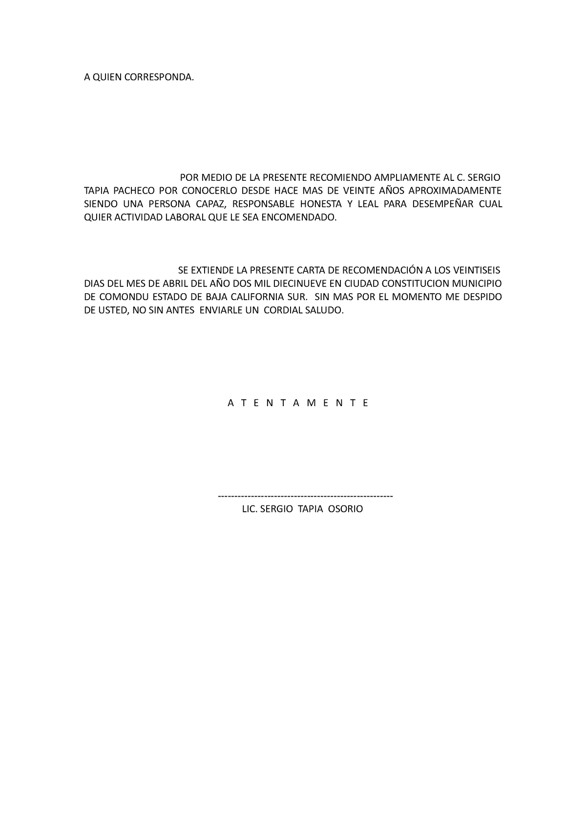 Carta De Recomendacion A Quien Corresponda Por Medio De La Presente Recomiendo Ampliamente Al 1652