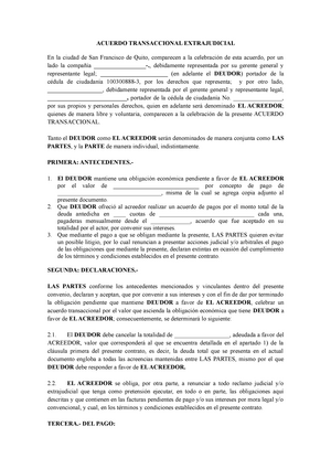 Modelo Transacción Extrajudicial 2021 - ACUERDO TRANSACCIONAL EXTRAJUDICIAL  En la ciudad de San - Studocu