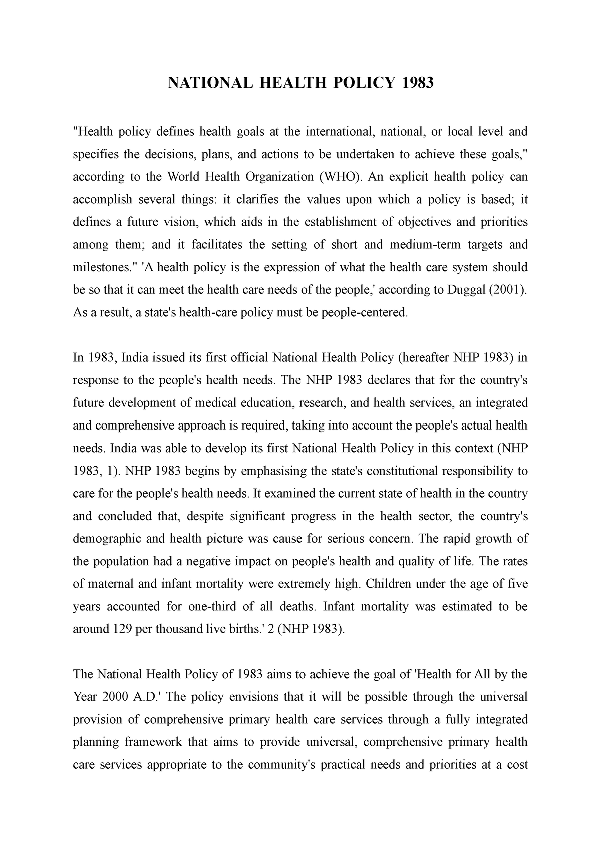 national health policy assignment