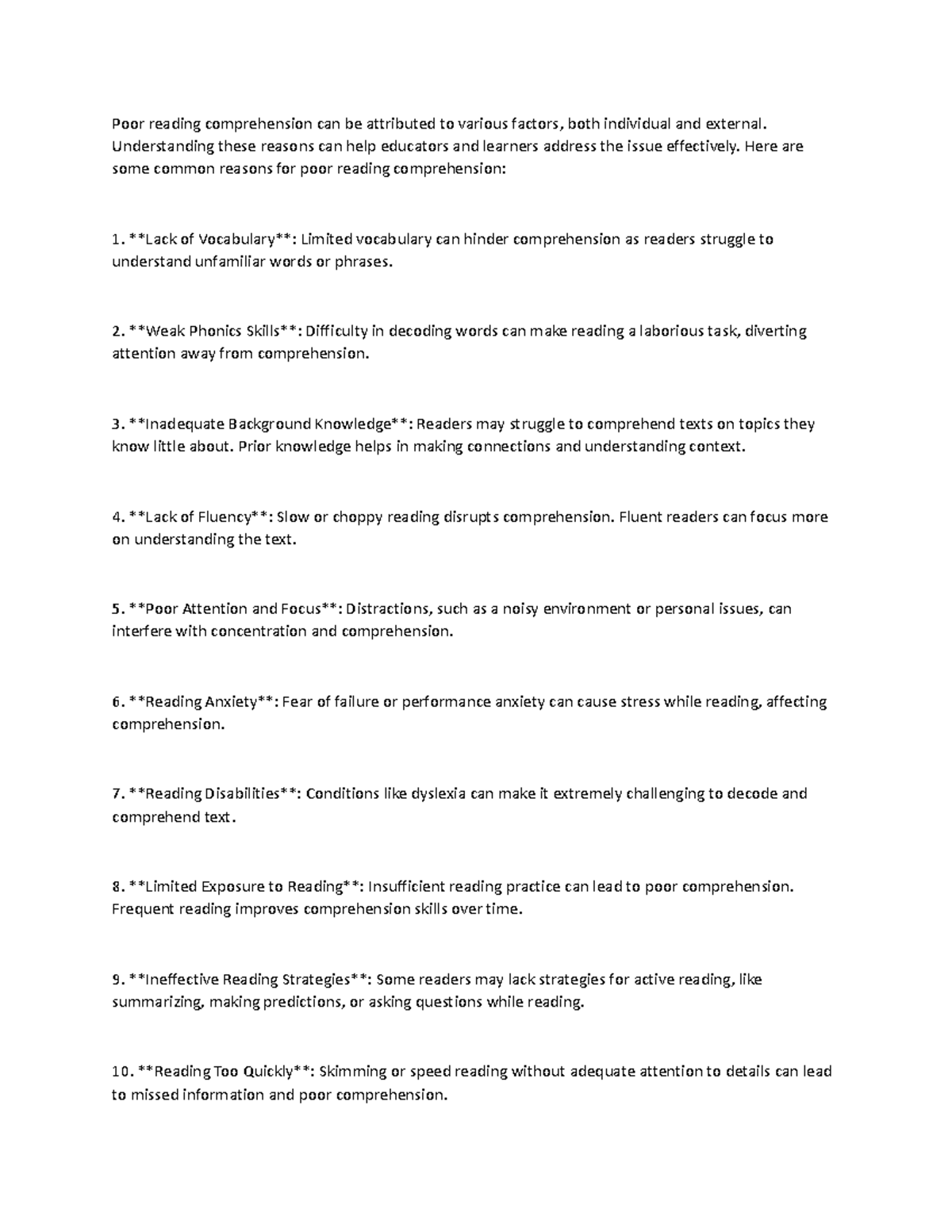 Poor reading comprehension can be attributed to various factors Understanding these reasons