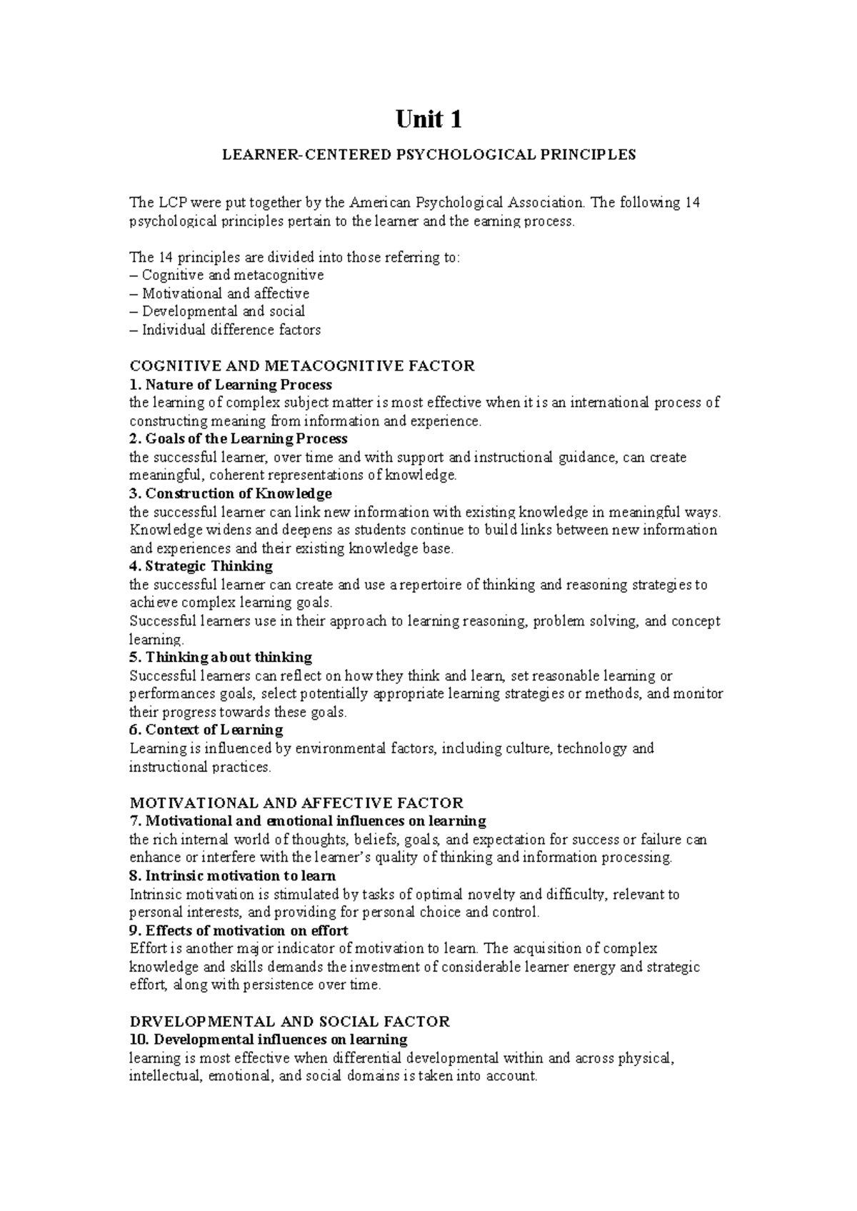 Unit 1 Learner-Centered Psychological Principles - Unit 1 LEARNER ...