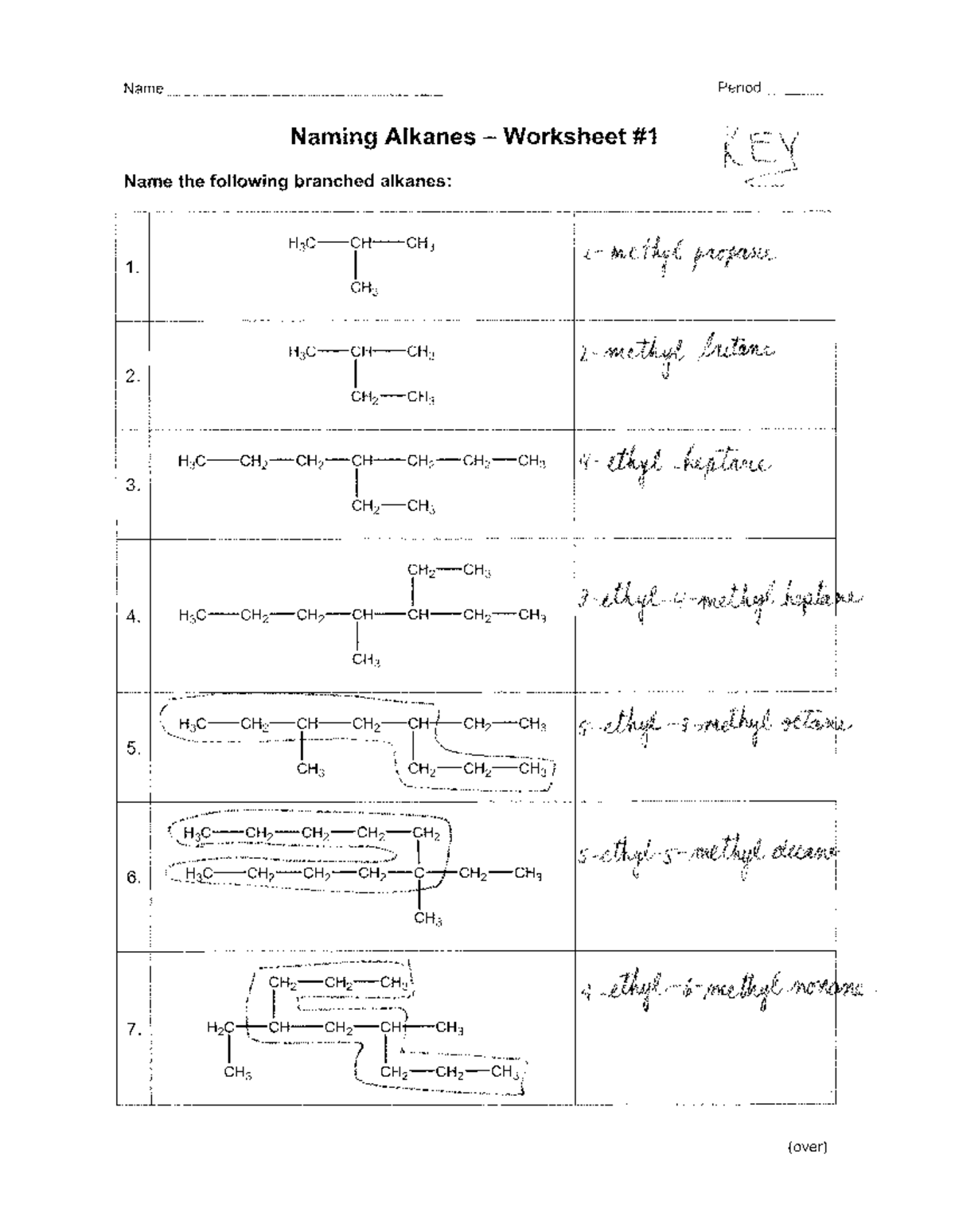 Alkanes Worksheet 2020 Answers N a m e Period Naming Alkanes Worksheet 1 * Name the