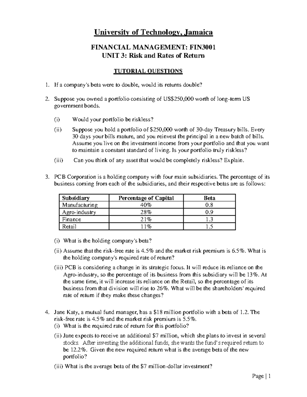 Fin Man Unit 3 Tutorial-Risk and Return Revised Aug2021 - Page | 1 ...