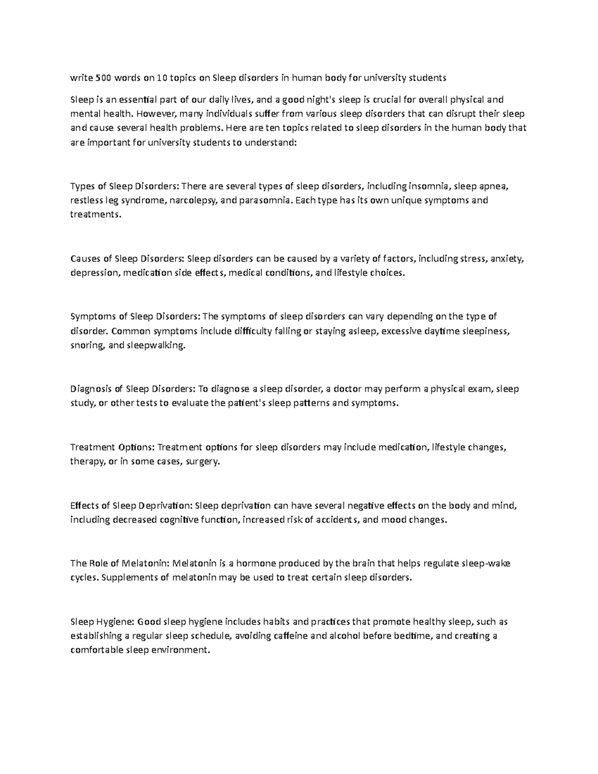 Write 500 words on 10 topics on Sleep disorders in human body for ...