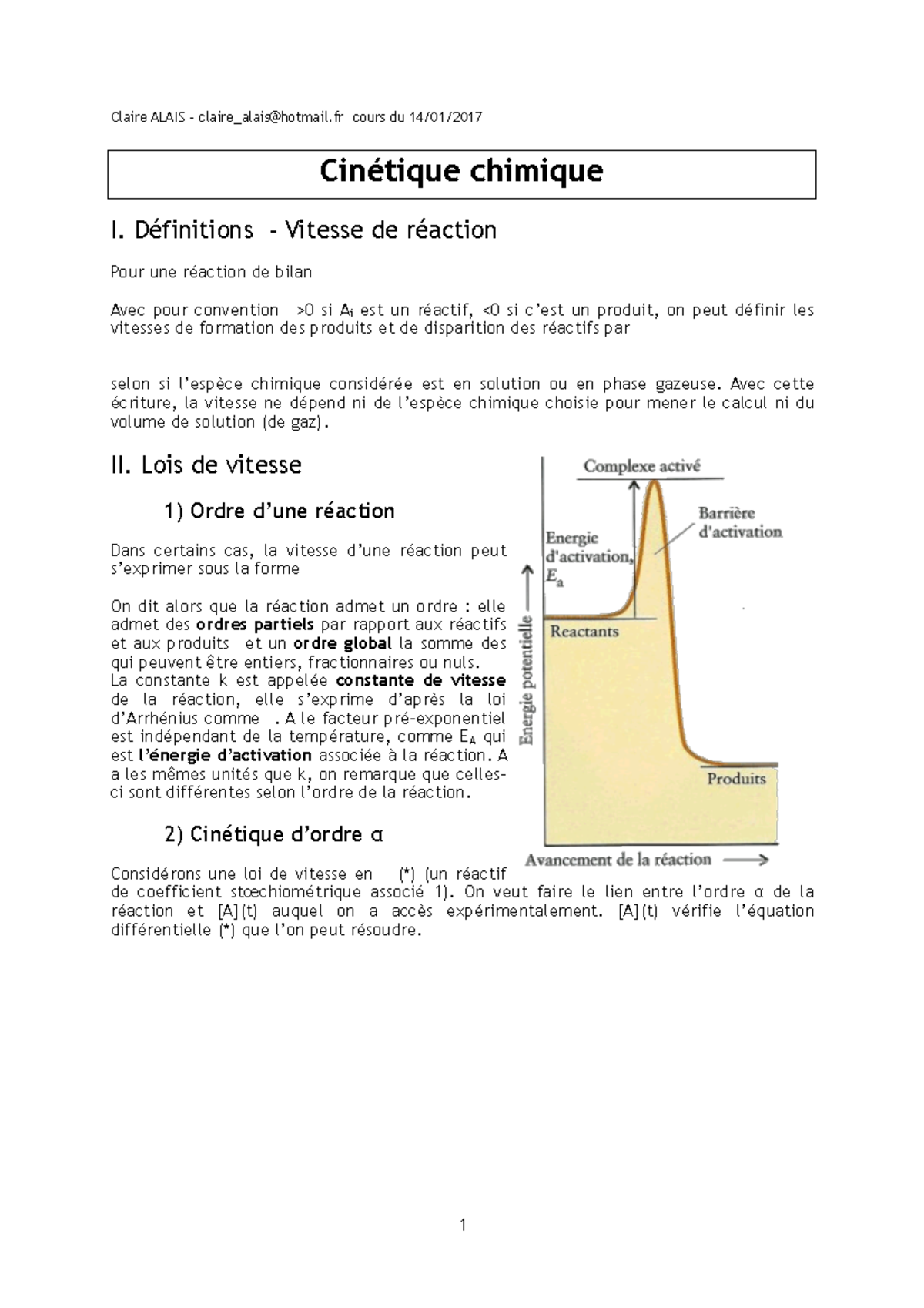 7 Cinetique Chimique - Claire ALAIS – Claire_alais@hotmail Cours Du 14 ...