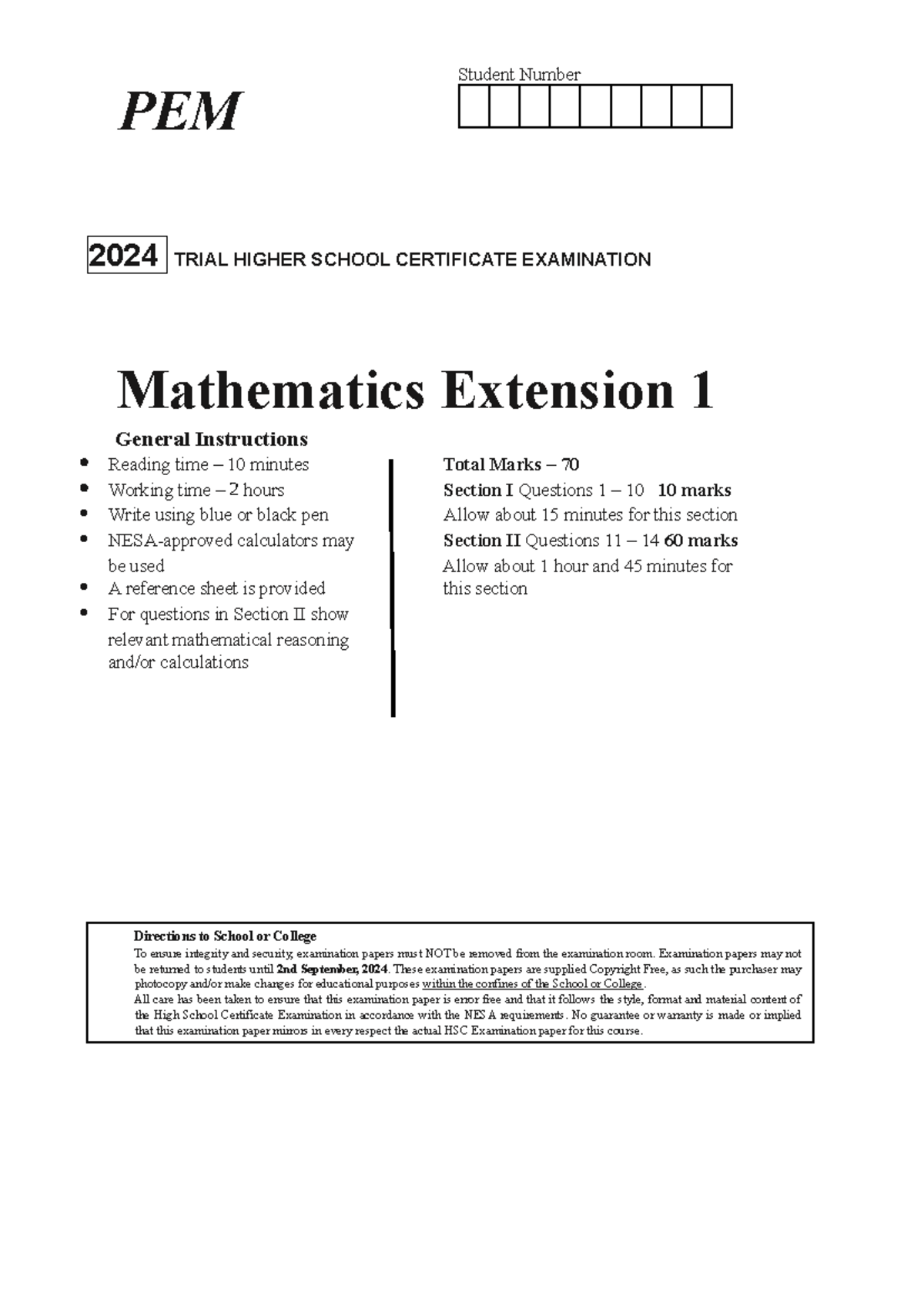 PEM 2024 Mathematics Extension 1 Trial HSC Examination Paper Student