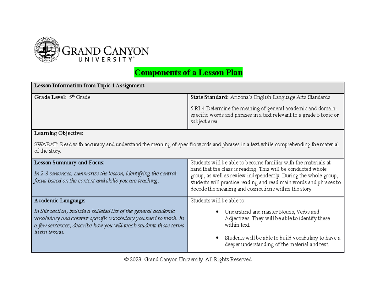 ELM 555 Components of a Lesson Plan Components of a Lesson Plan