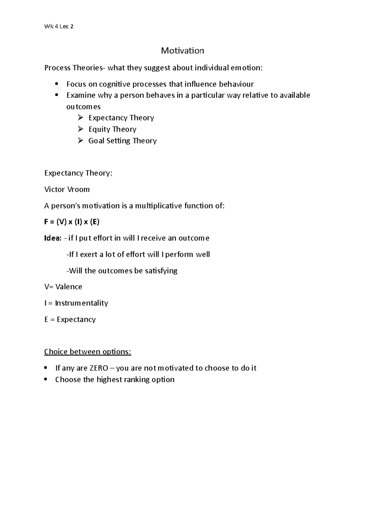 Wk 4 Lec 2 Notes Motivation 2 - Motivation Process Theories- what they ...