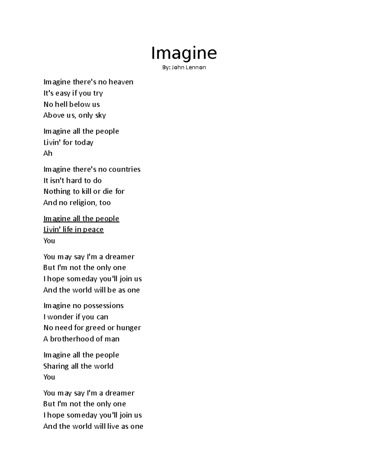 Maimai - document - Imagine By: John Lennon Imagine there's no heaven ...