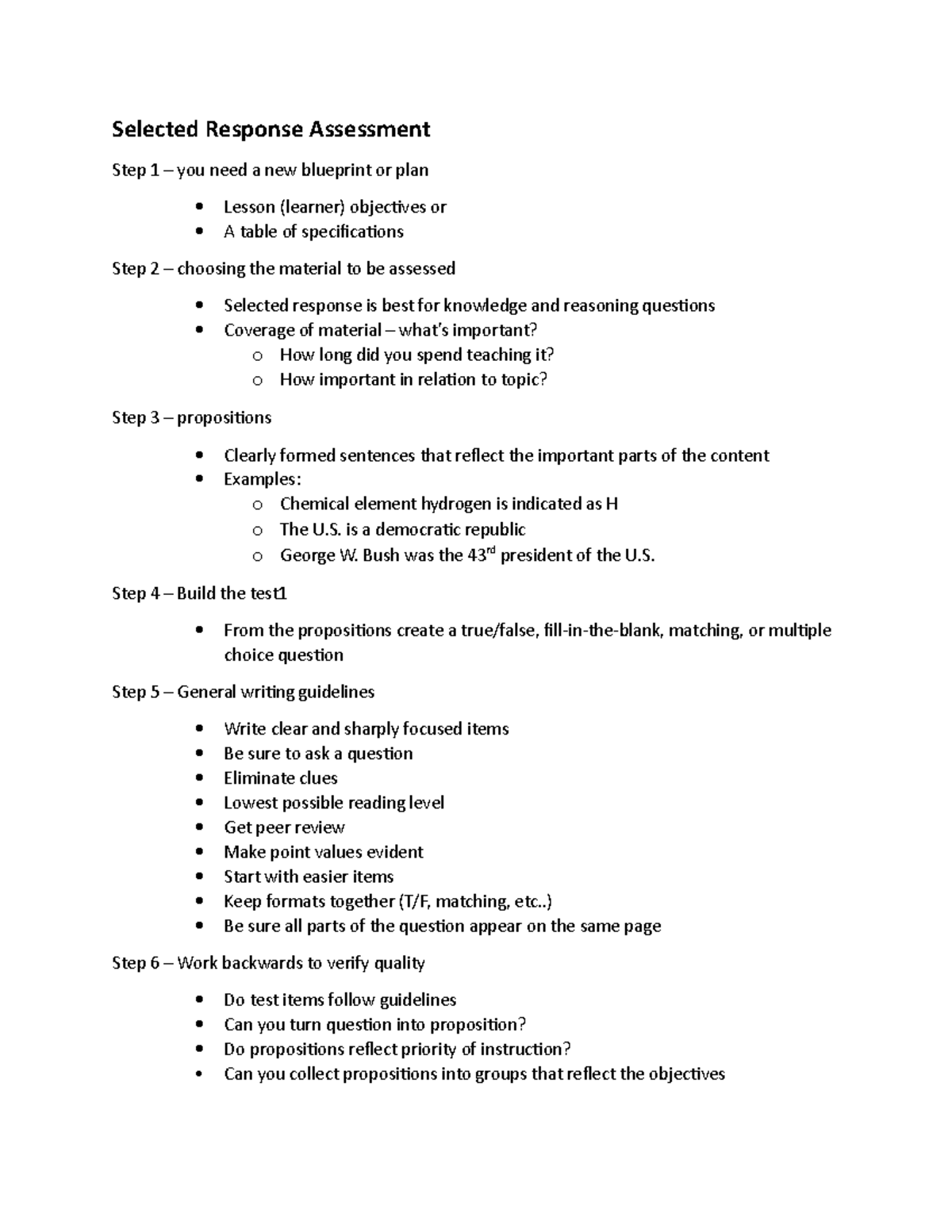 Selected Response Assessment notes - Selected Response Assessment Step ...