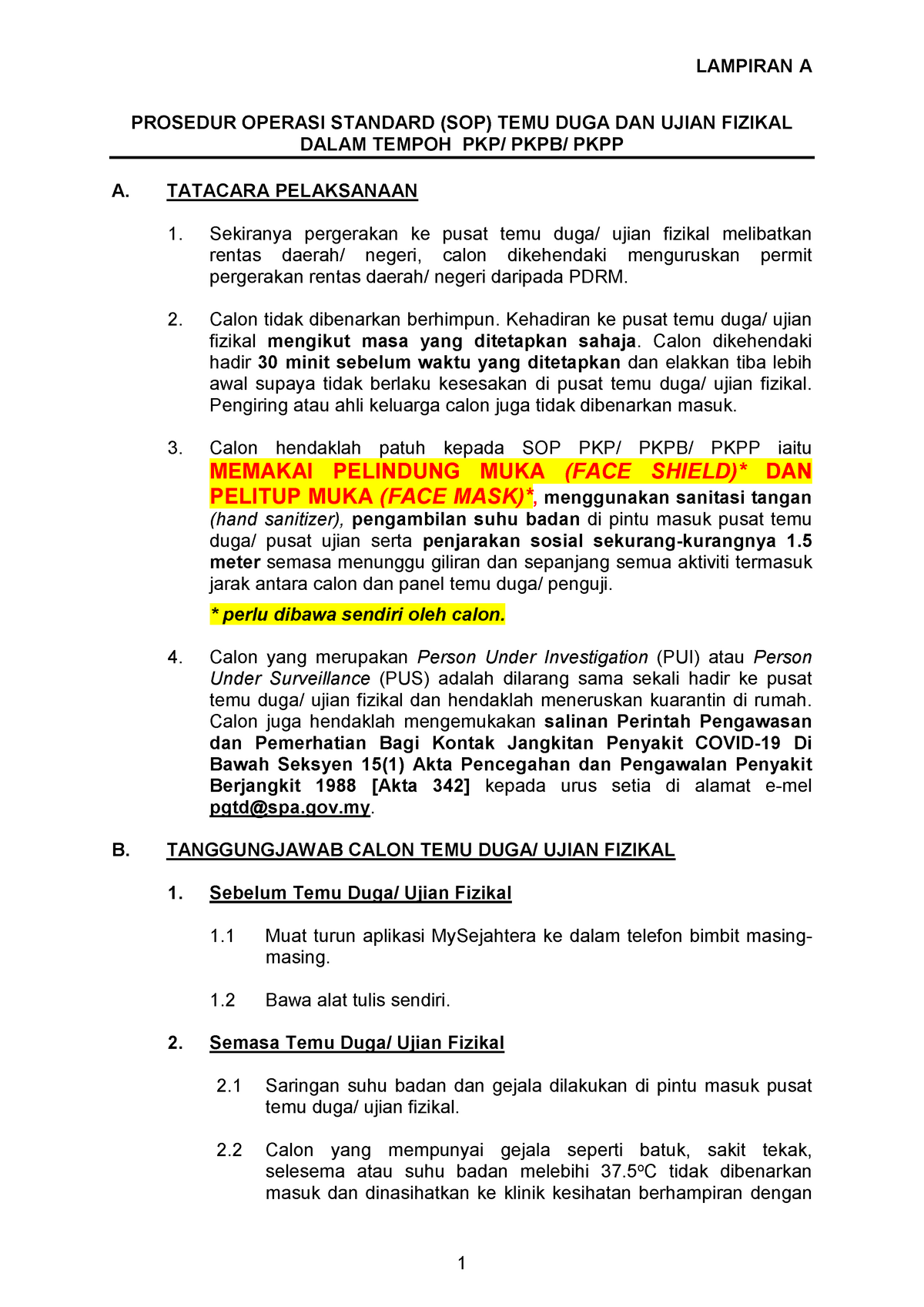 Lampiran A SOP Calon Temuduga Pkfeb 2021 - LAMPIRAN A 1 PROSEDUR ...