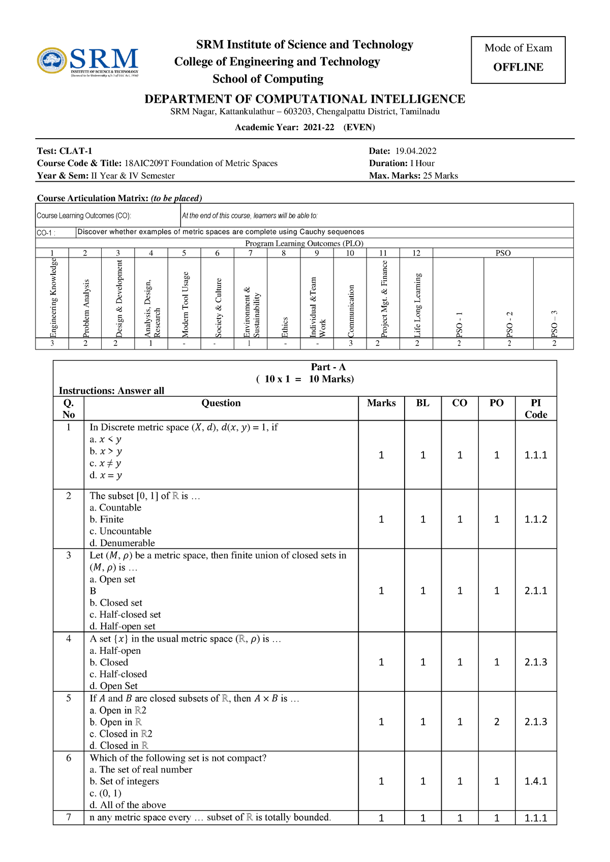 Fms Ct1 Setb - Srm Institute Of Science And Technology College Of 