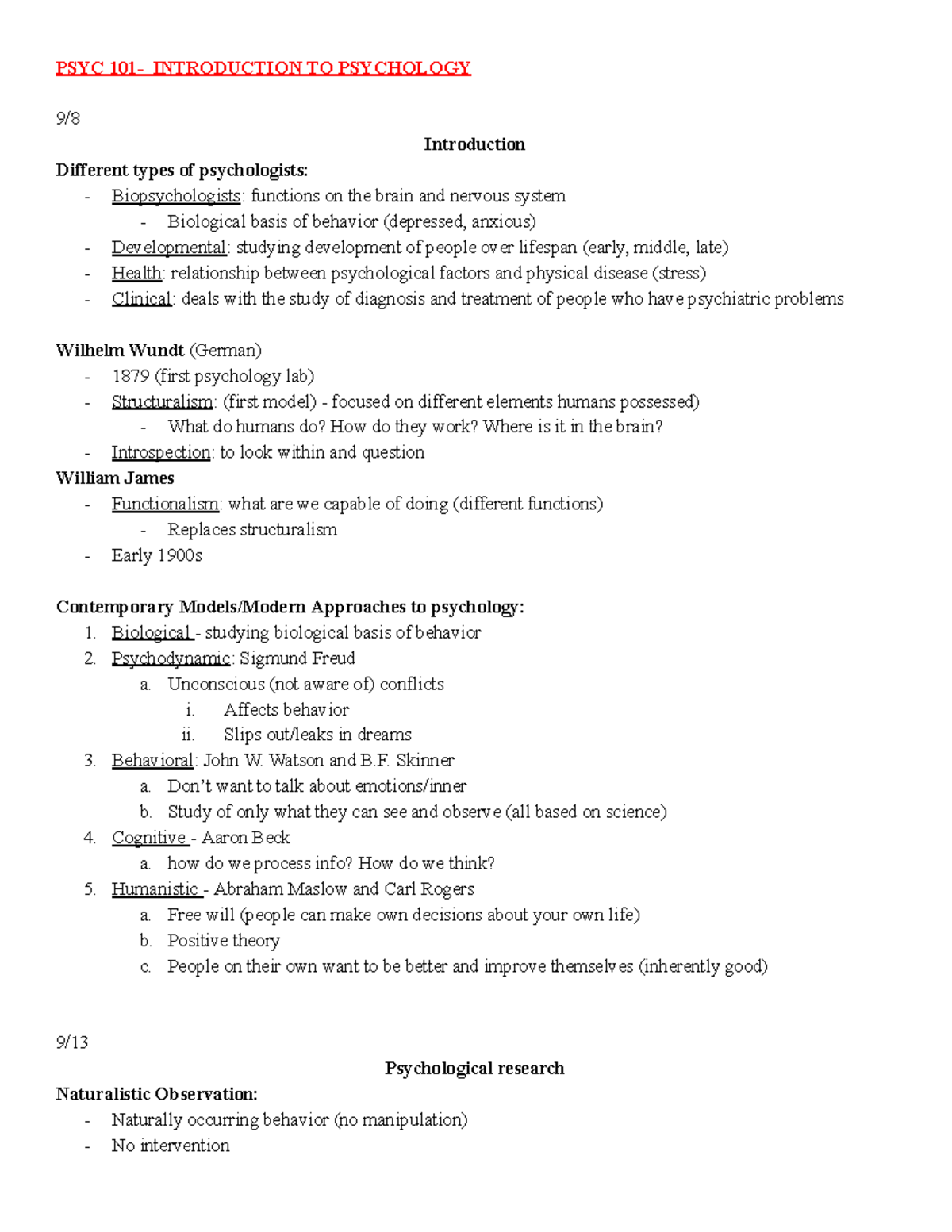 Psych 101 Introduction To Psychology - PSYC 101- INTRODUCTION TO ...