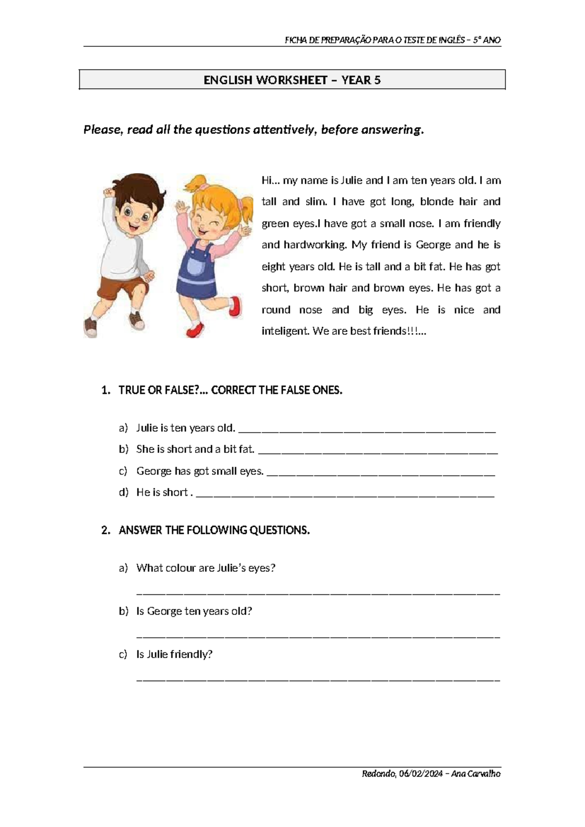 English Worksheet January 3rd - English Worksheet – Year 5 Please, Read 