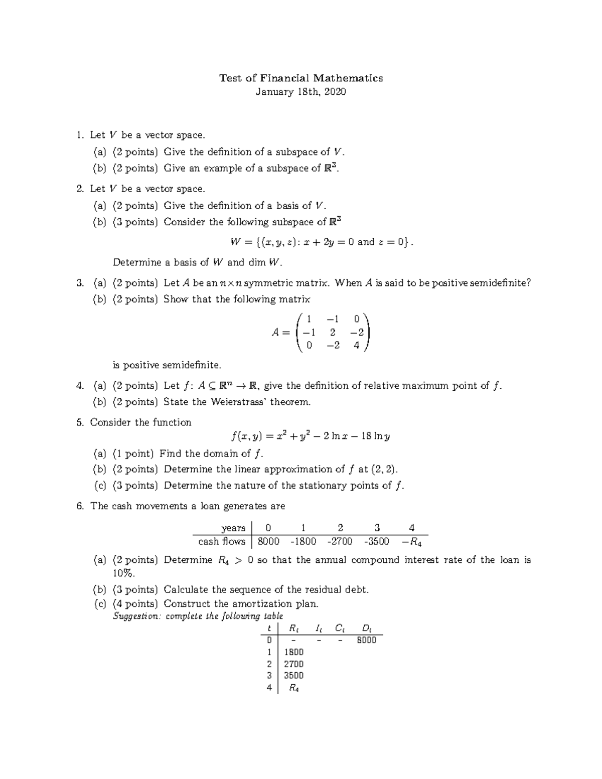 Financial Math Esame Test of Financial Mathematics January 18th