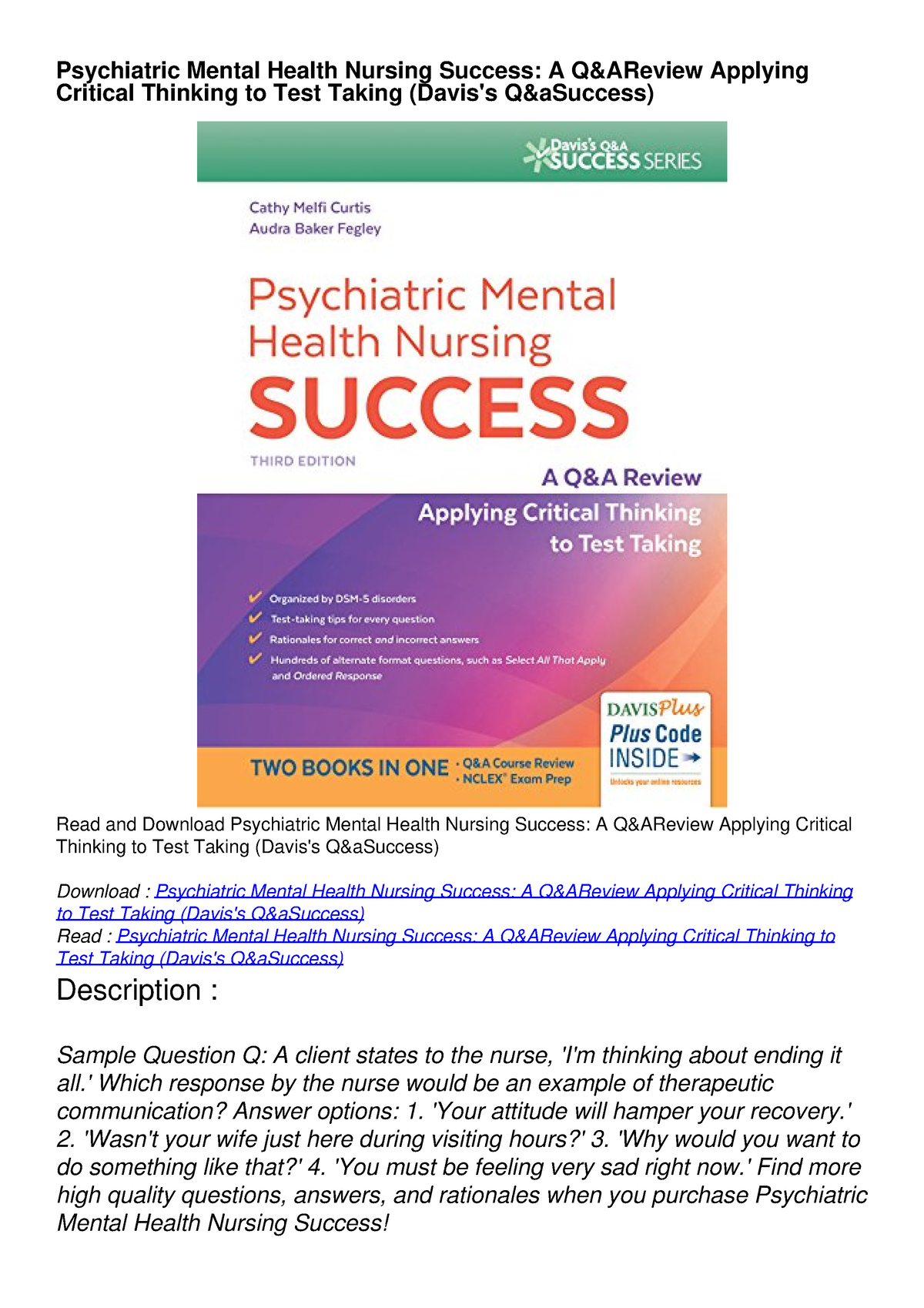 Download Book [PDF] Psychiatric Mental Health Nursing Success: A QA ...