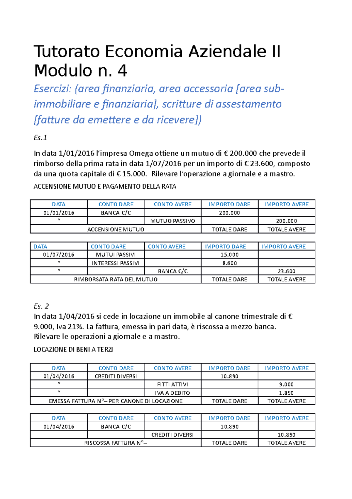 4 Tutorato Economia Aziendale II Modulo - 4 Esercizi: (area Finanziaria ...