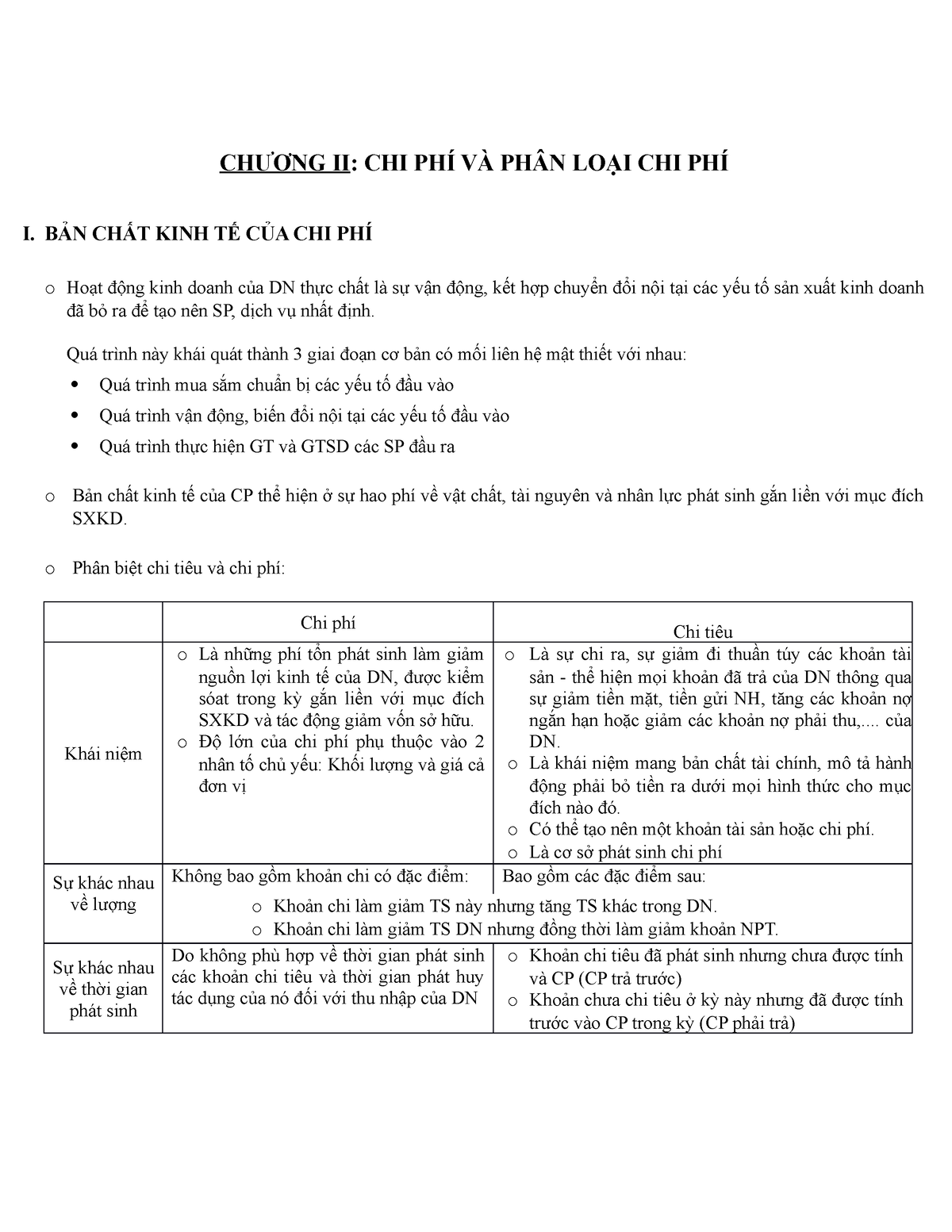 Tóm tắt Chương II môn Kế toán Quản trị 1 - CHƯƠNG II: CHI PHÍ VÀ PHÂN LOẠI CHI PHÍ I. BẢN CHẤT KINH - Studocu