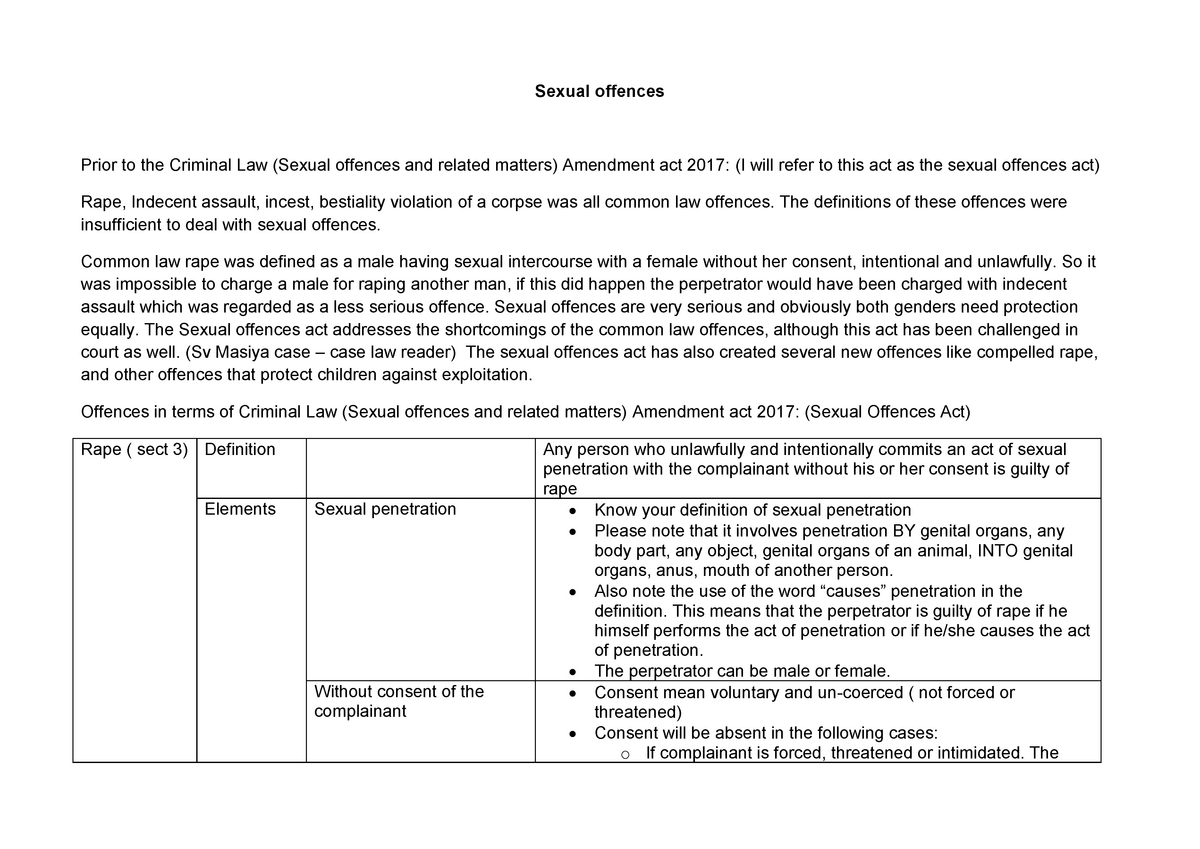 Sexual Offences Lecture Notes 1 Sexual Offences Prior To The Criminal Law Sexual Offences