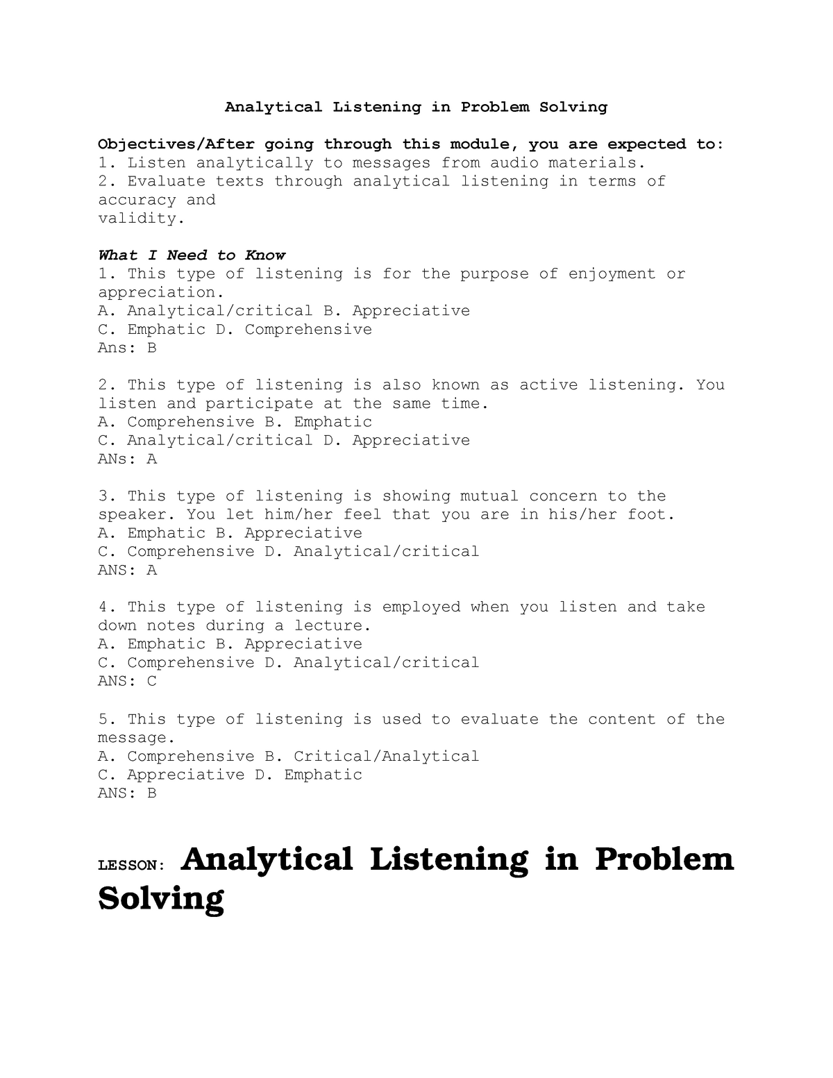 lesson plan in analytical listening in problem solving