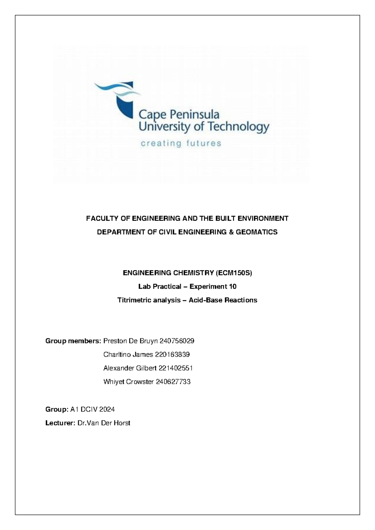 Experiment 10 Titrimetric analysis AcidBase reactions FACULTY OF