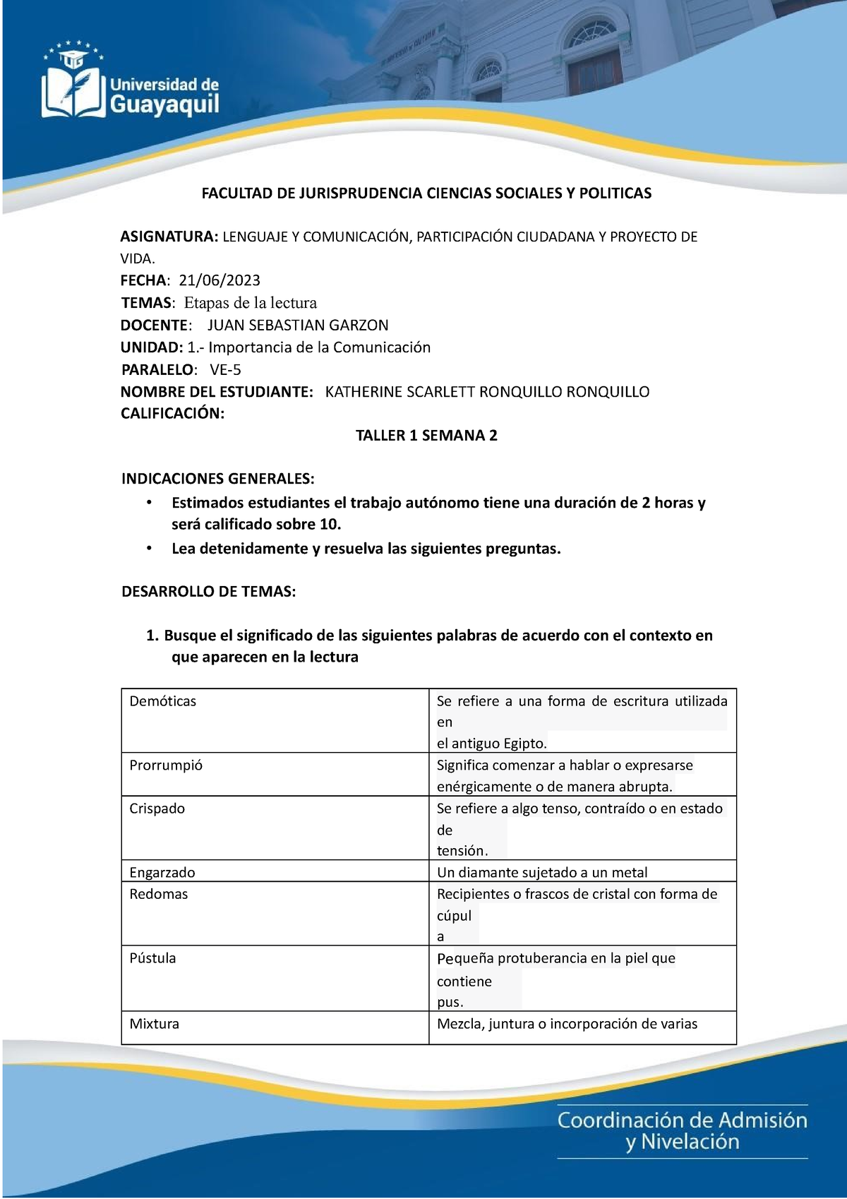 Taller-U1- Clase 1-S2-1 - FACULTAD DE JURISPRUDENCIA CIENCIAS SOCIALES ...