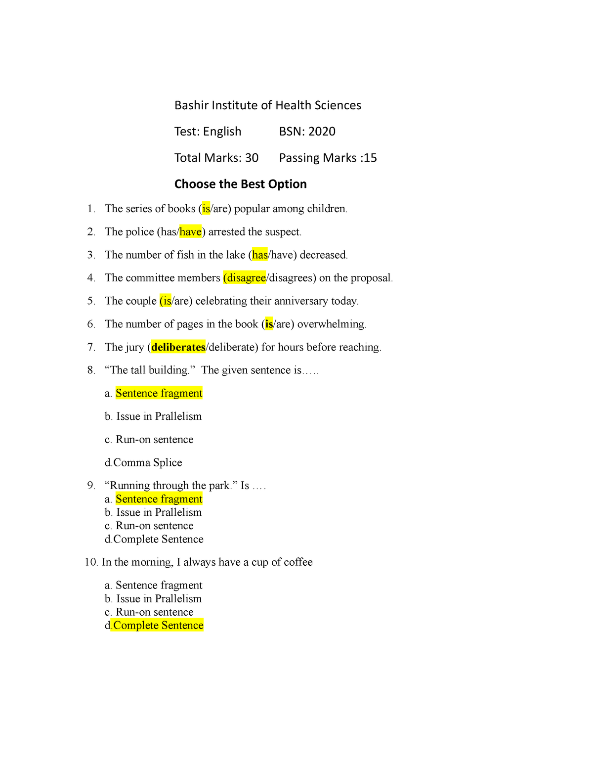 Test 1 Sem V 102708-1 - Practice test. - Bashir Institute of Health ...