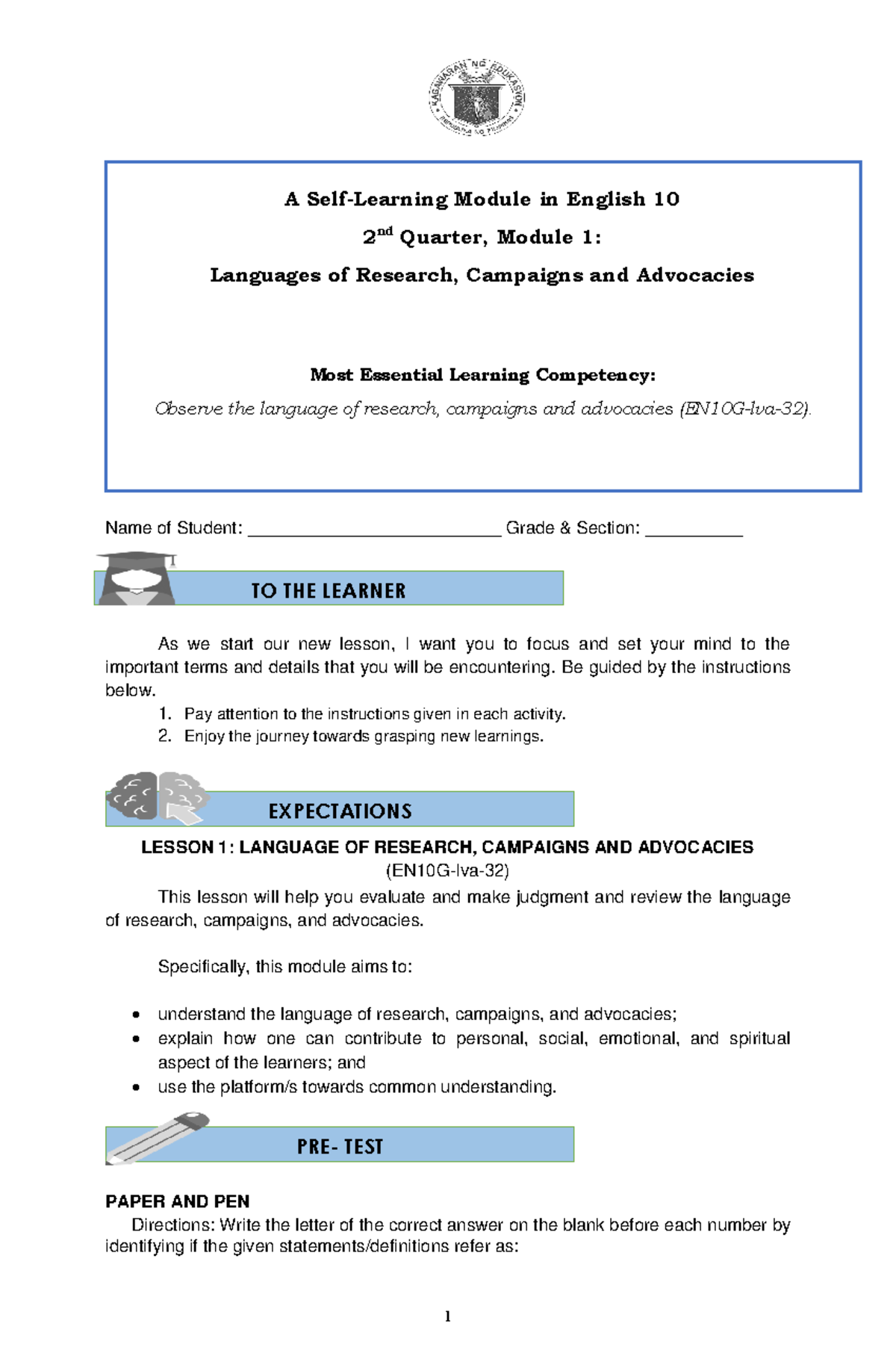 English 10 Quarter 2- Grade 10 School Year 2021-2022 - Name Of Student