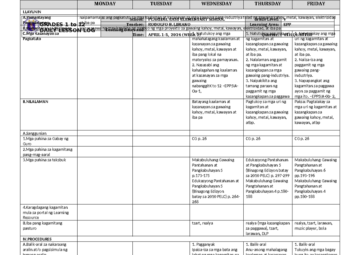 Dll Epp 5 Q3 W1 Grades 1 To 12 Daily Lesson Log School Plaridel East Elementary School Grade 9103