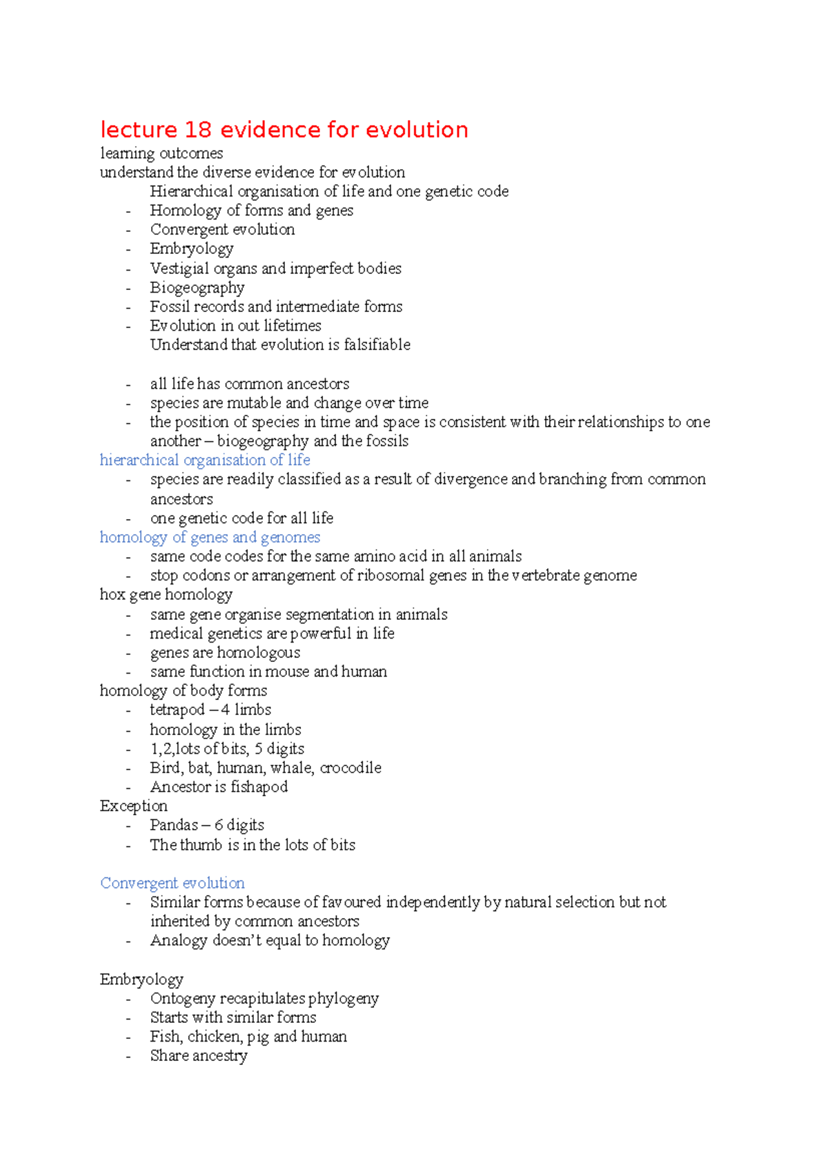 Lecture 18 - detailed very good - lecture 18 evidence for evolution ...