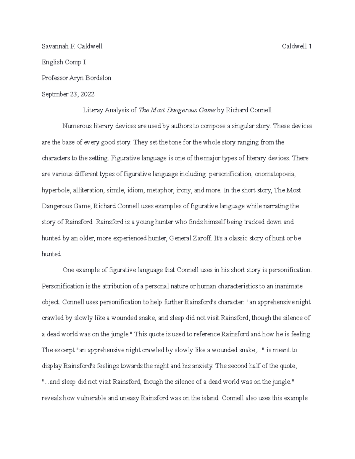 Literay Analysis of The Most Dangerous Game by Richard Connell Savannah ...