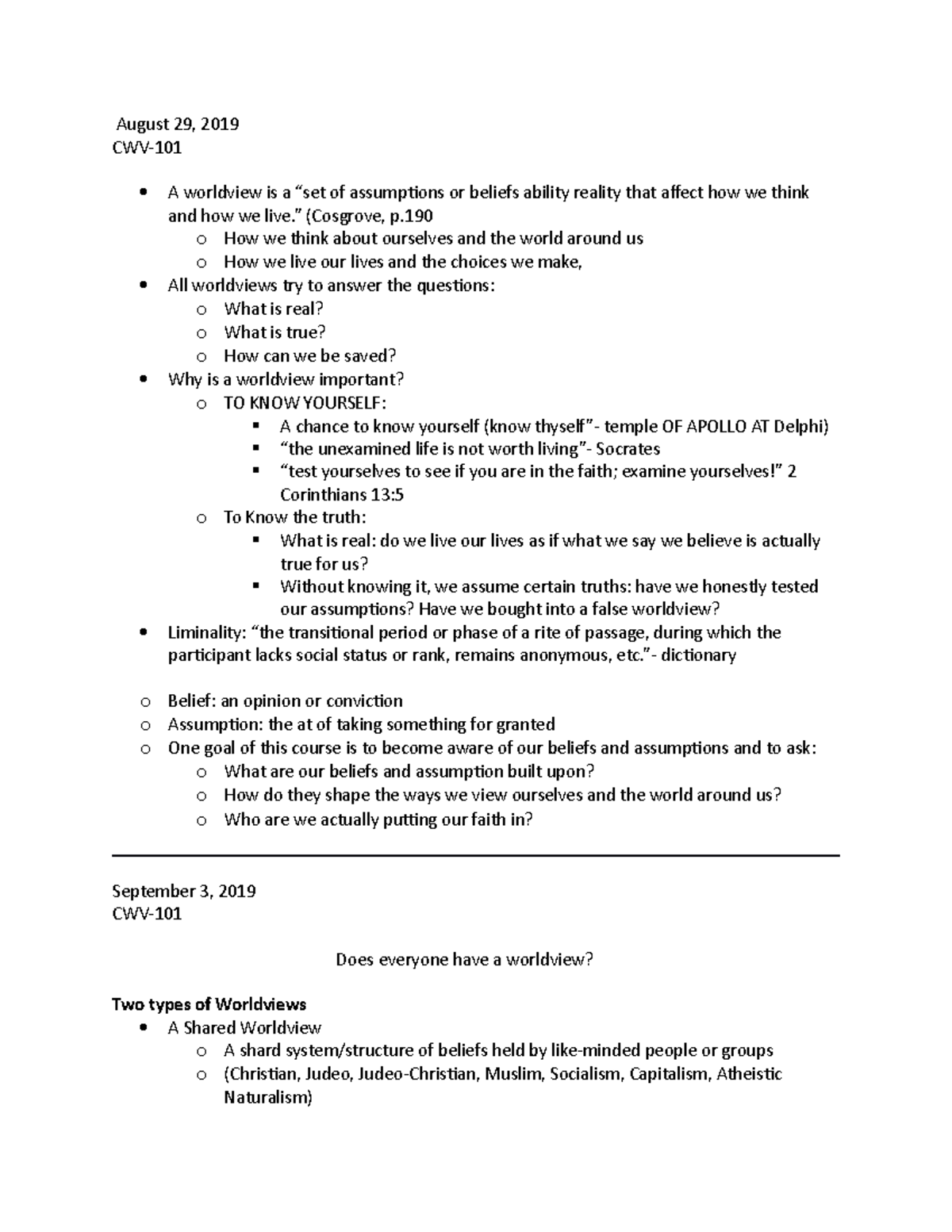 Cwv-101 august 29 - Lecture notes 1-7 - August 29, 2019 CWV- A ...