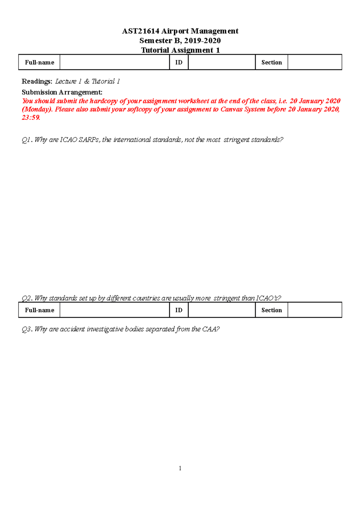 Tutorial Assignment 1 - AST21614 Airport Management Semester B, 2019 ...