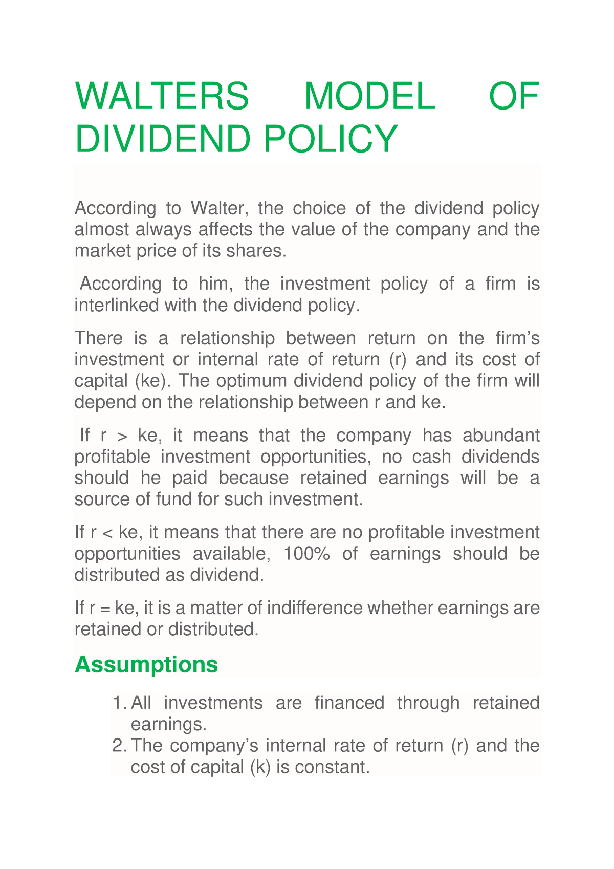 Waltersmodel - Walters model of dividend policy. - WALTERS MODEL OF ...