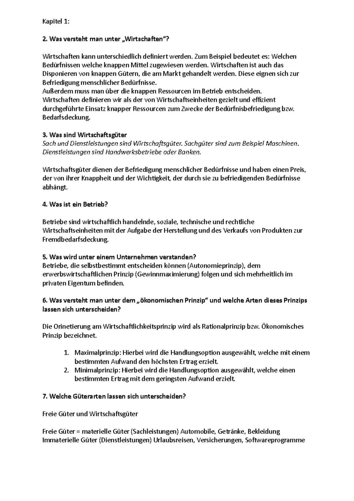 Fragebogen Klausur Fragenkatalog WiSe BWL Kapitel 1 2. Was versteht man unter „Wirtschaften