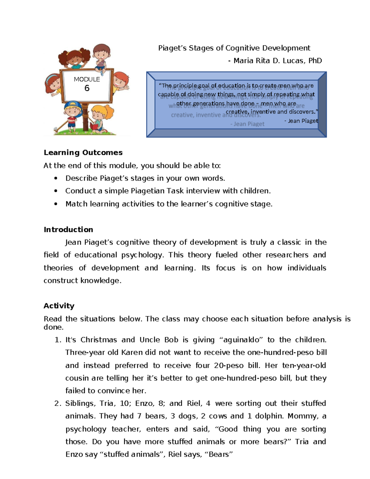 Module 6 8 Education Piaget s Stages of Cognitive Development Maria Rita D. Lucas PhD Studocu