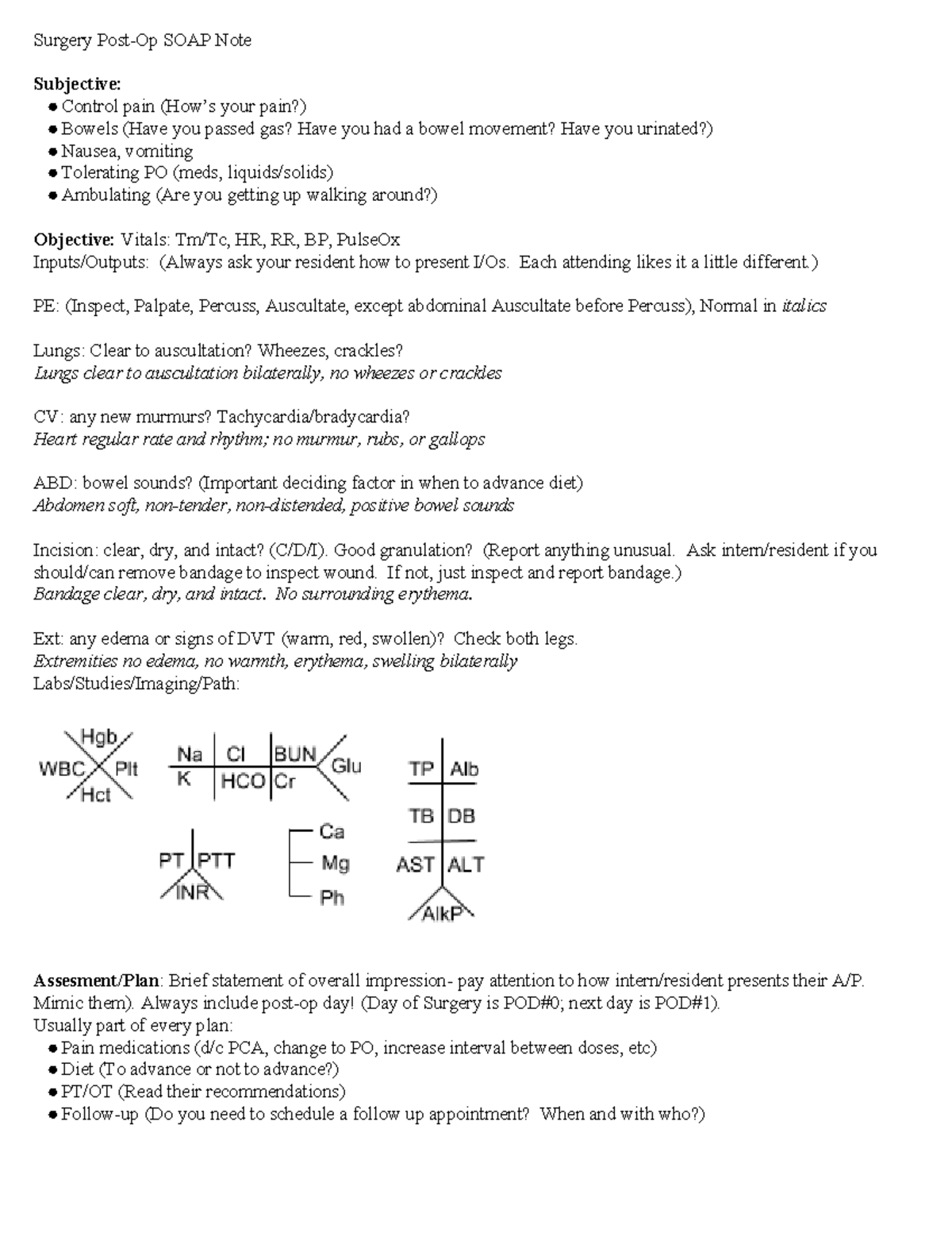 Surgery post op soap note cheat sheet Surgery PostOp SOAP Note