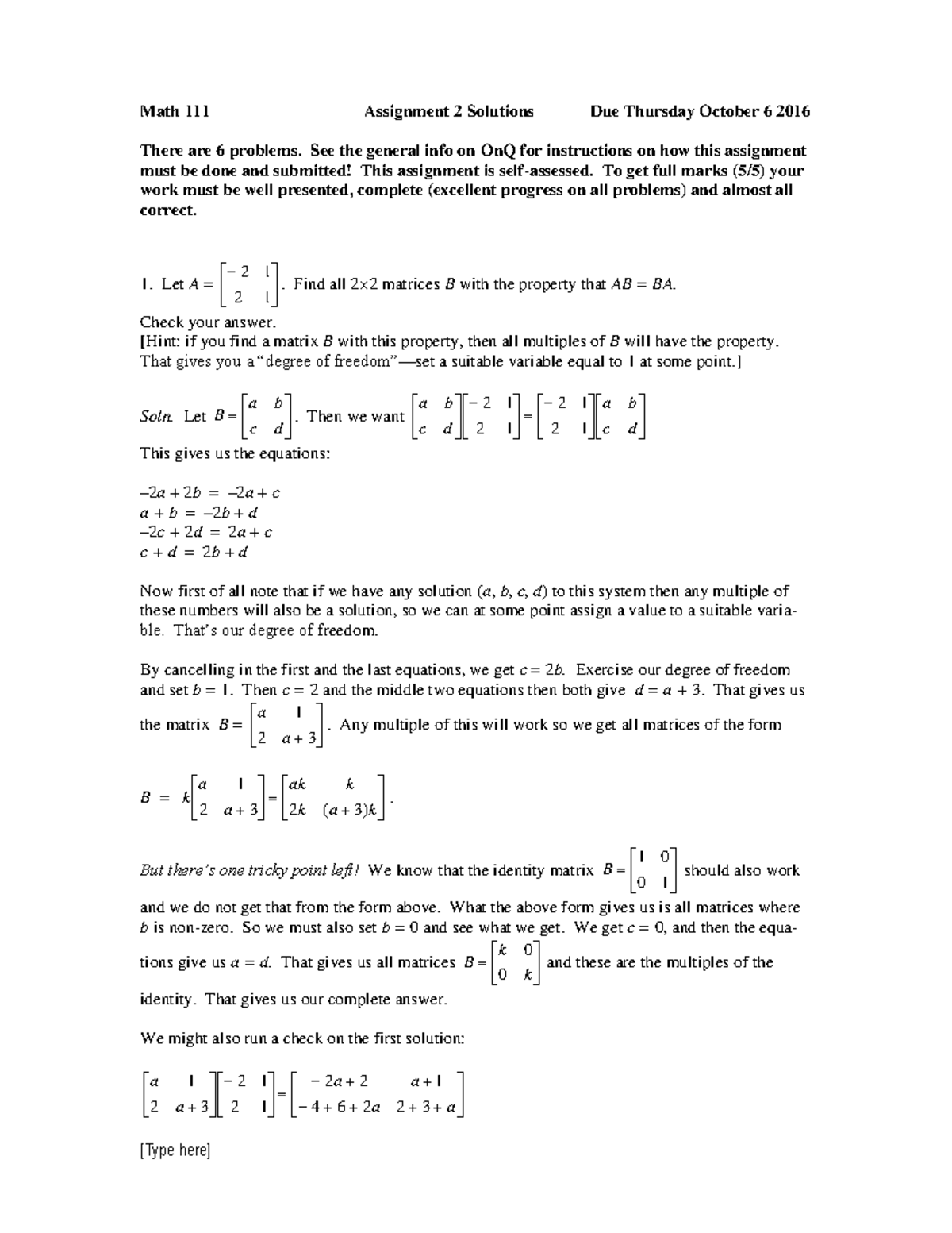 A22016-17Solutions - assignment 2 - Math 111 Assignment 2 Solutions Due ...