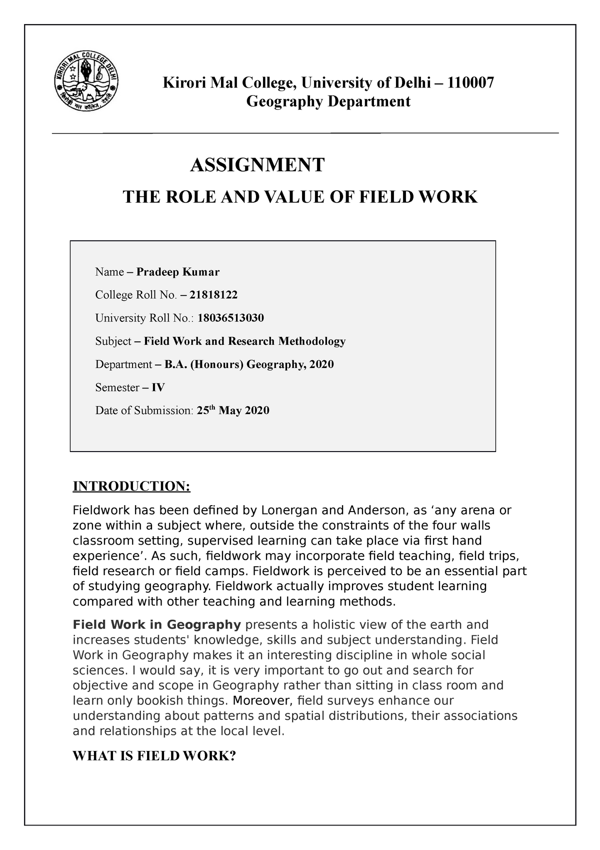 field study assignment